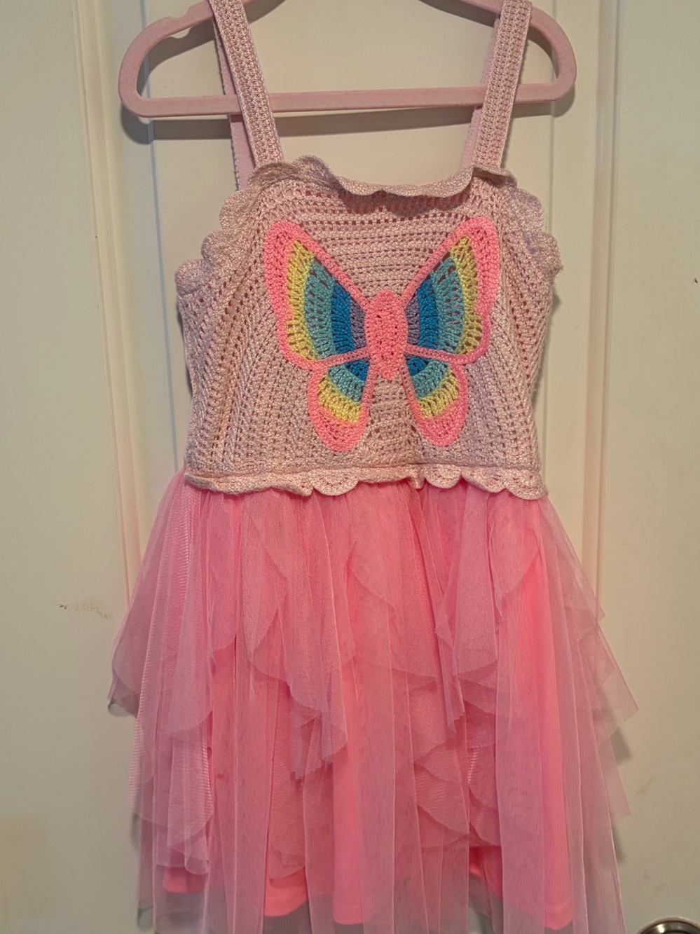 Girls Pink Butterfly Tulle Dress with Crochet Bodice